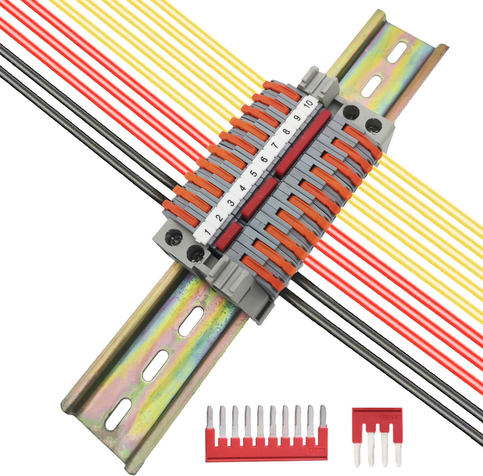 DIN Rail Terminal Kit Universal, with 10 pcs Quick Electrical Clemas (orange), marking strip, connection strip (2/3/4/5/10P) and fixed modules, CTRICALVER DIN Terminal Kit