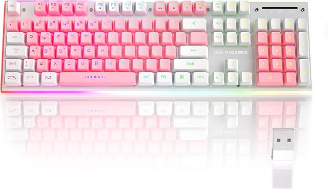 Wireless Gaming Keyboard, 2.4G Rechargeable RGB LED Backlit Office Keyboard with Sidelight & Metal Panel, MageGee V510 Ergonomic Waterproof Wireless Quiet Keyboard - White & Pink