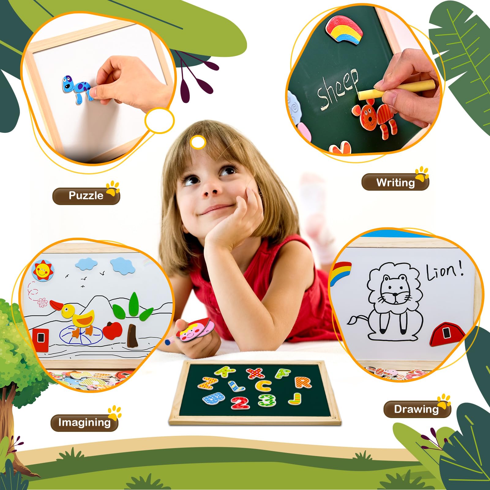 Uping Drewniane puzzle magnetyczne, sztalugi, dwustronna, tablica, drewniana deska Doodle, 155 sztuk, dla dzieci od 3 lat, gospodarstwo rolne