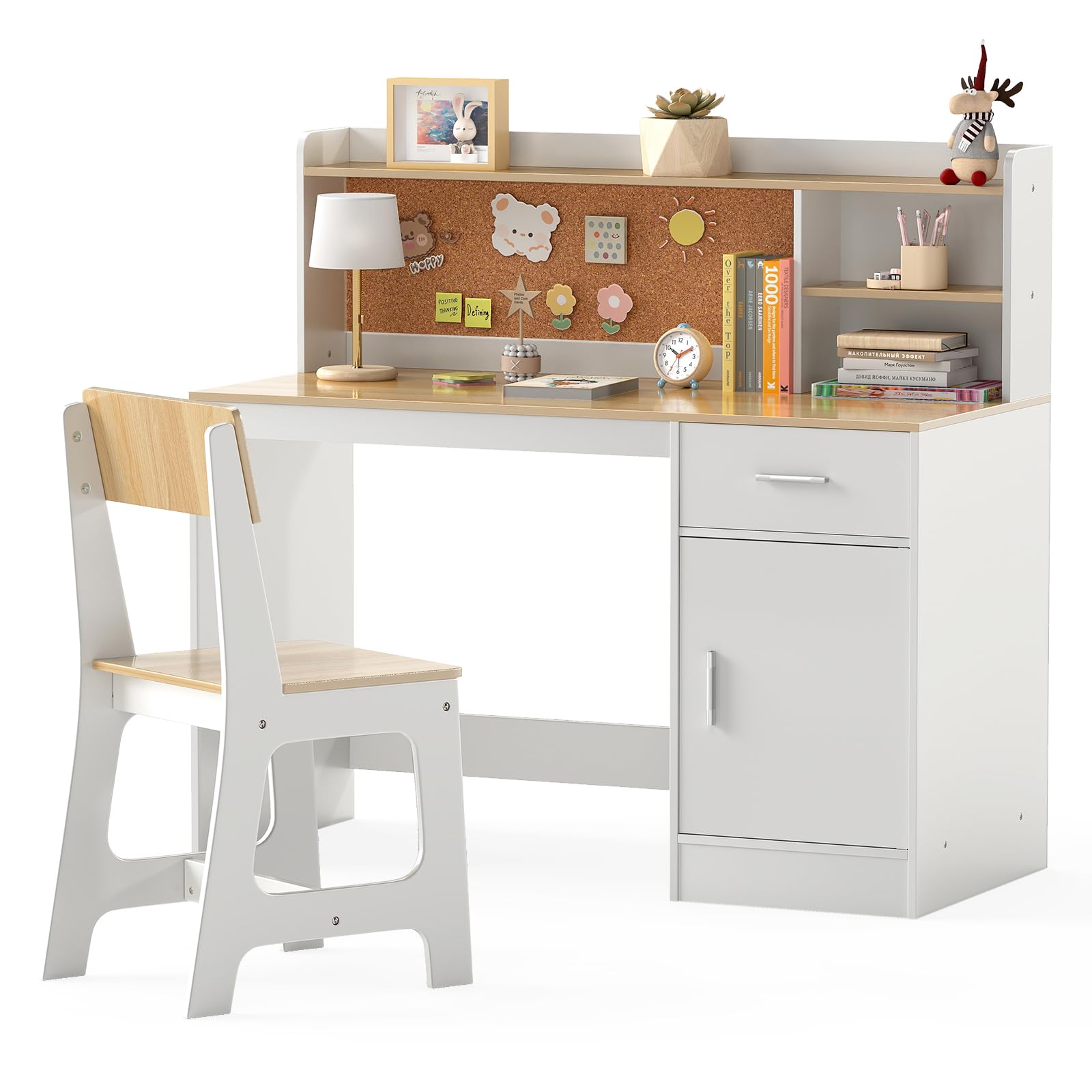COSTWAY Bureau Enfant avec Chaise Ergonomique et Tableau d'Affichage en Liège, Table avec Étagère Tiroir Armoire, Charge 60/100kg pour 3 Ans+ (Naturel)