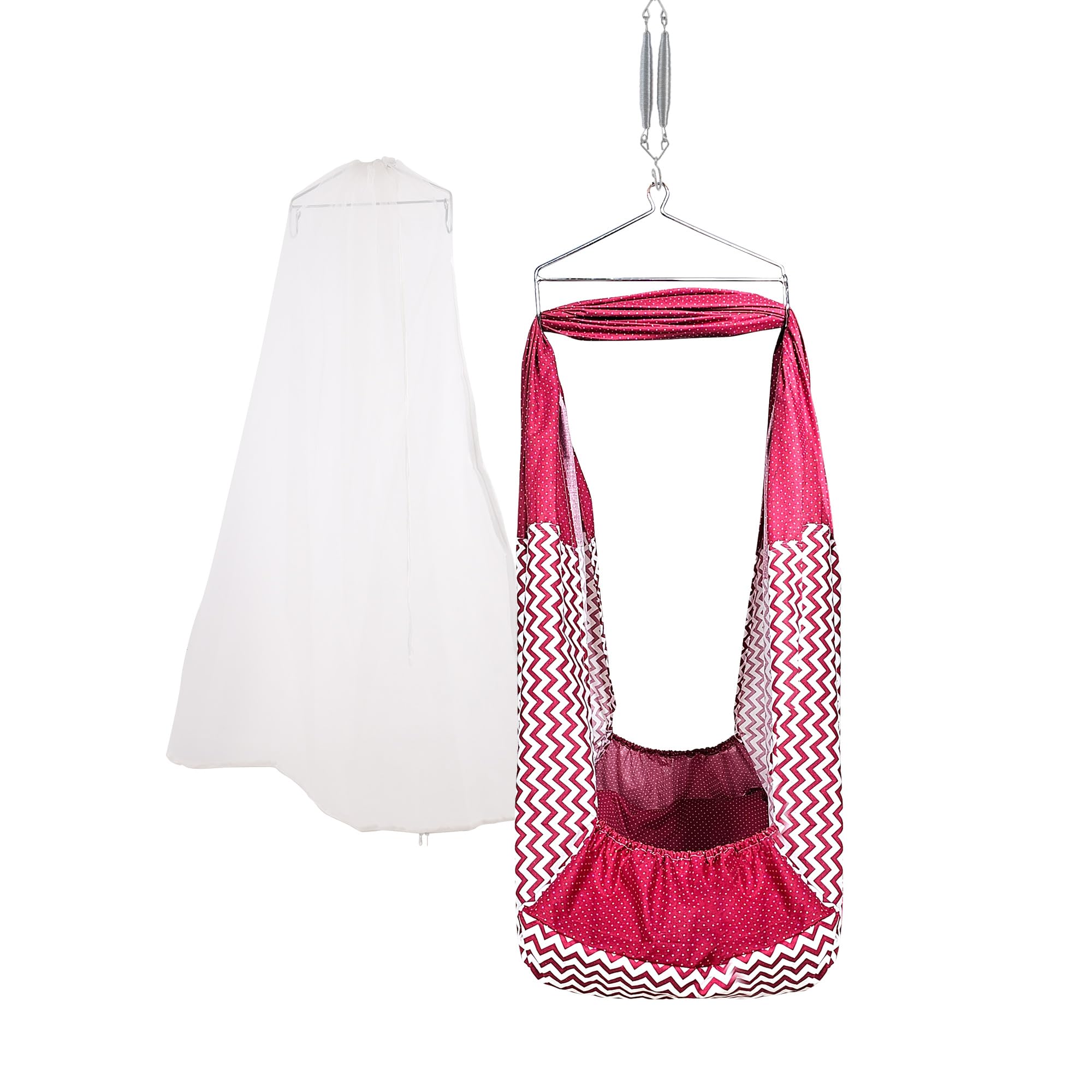beetot Baby Cradle Set Swing/Jhula (Thottil Cloth, Palna, Dolna) | Hanging Cradle with Removable Bed, Mosquito Net, Spring, Triangle Hanger | Up to 15 kg | PRE-RED PRINT-15983