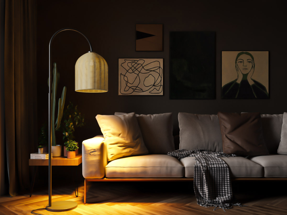 Image of Rattan Floor Lamp, 66in. Boho Floor Lamp with Natural Brown Rattan Shade, Rustic Arc Standing Lamp for Coastal, Beach or Bohemian Style Decor (Coastal-Black)
