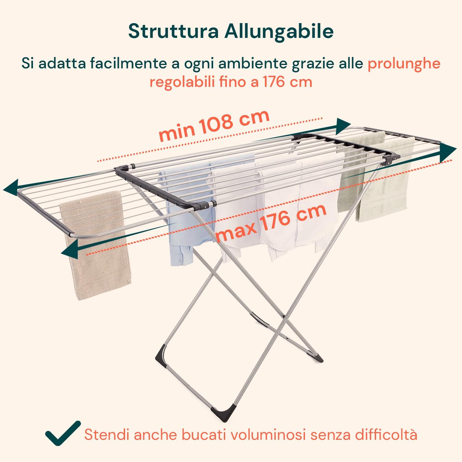 Extendable Metal Floor Airer with Adjustable Extensions, Drying Room 18 Metres, Compact Closure, Ideal for Indoor and Balcony, Load Capacity 15 kg
