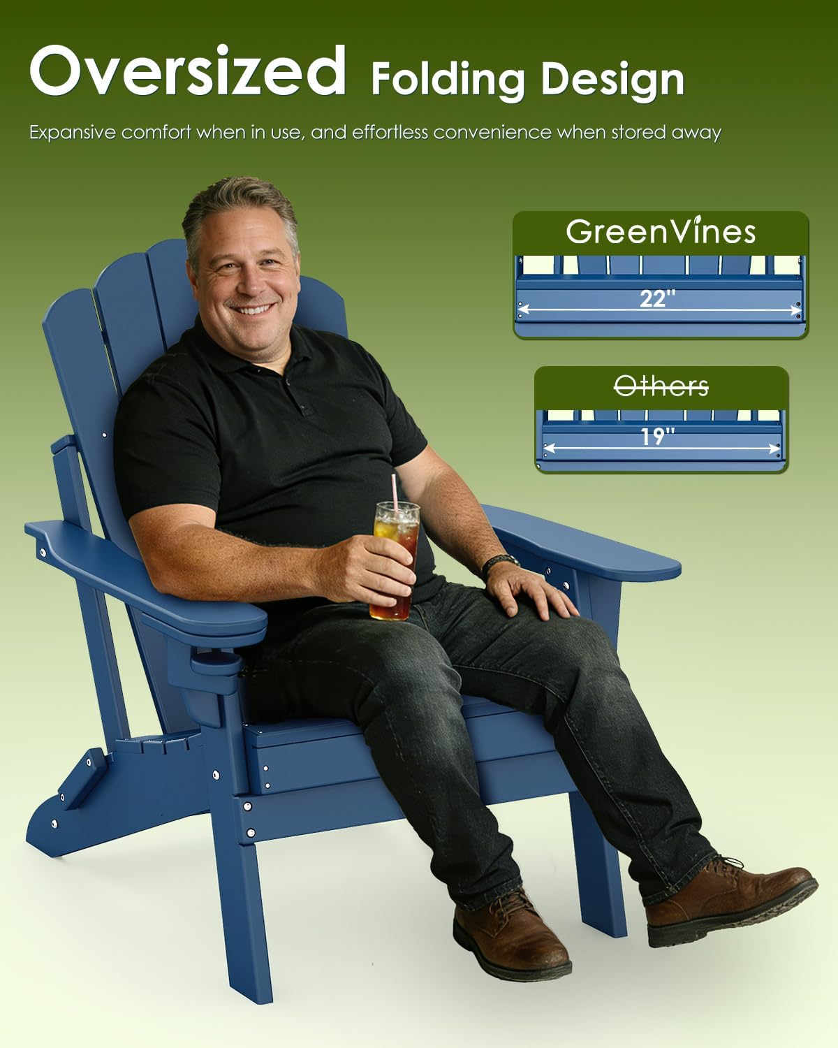 GREENVINES Oversized-Folding-Adirondack-Chairs-Set-of-2 | HDPE Plastic | Cup Holder | Fire Pit Chair | All Weather | for Outdoor Deck Backyard | Blue