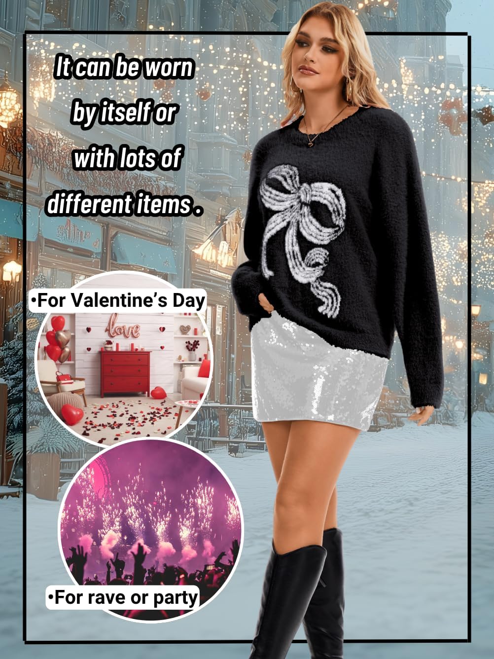 Cute Bow Sweater,Soft Fluffy Sweaters for Women,Christmas Holiday Valentines Fuzzy Top - Image 7