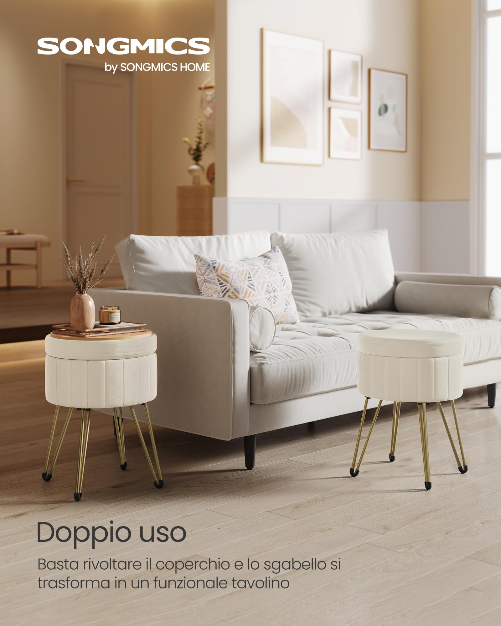 SONGMICS Sgabello Pouf Contenitore, Cassapanca Rotonda, Sgabello Toeletta in Velluto, 39 x 44,4 cm (Diam. x A), 4 Gambe in Metallo, Soggiorno Camera da Letto, Bianco Crema LOM003W01