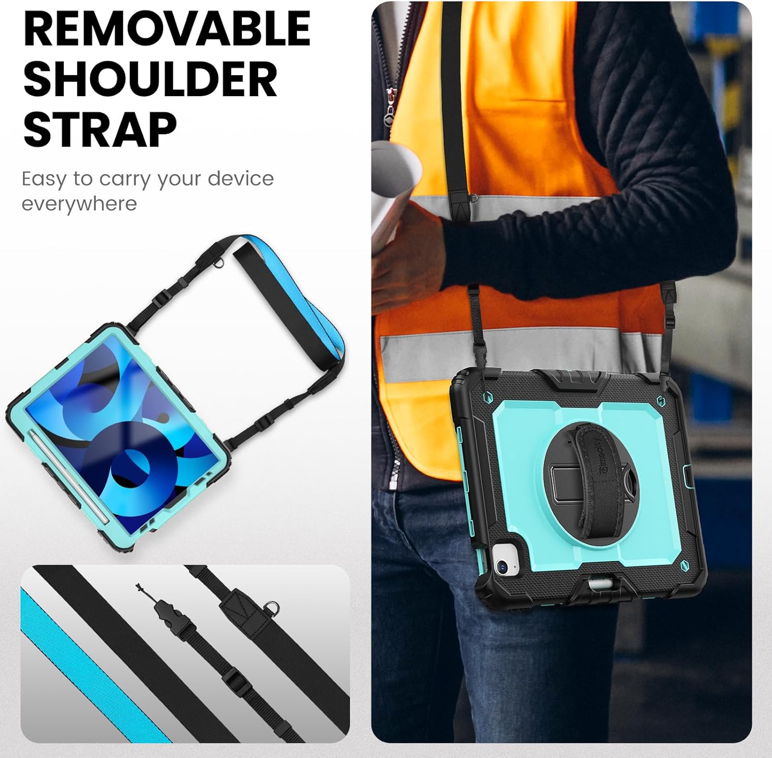 Timecity Case for iPad Air 4/5 10.9 inch 2020/2022, for iPad Air 4th/5th Generation Case with Screen Protector/Swivel Kickstand/Hand Strap/Pencil Holder Cover for iPad Air 10.9'', Light Blue
