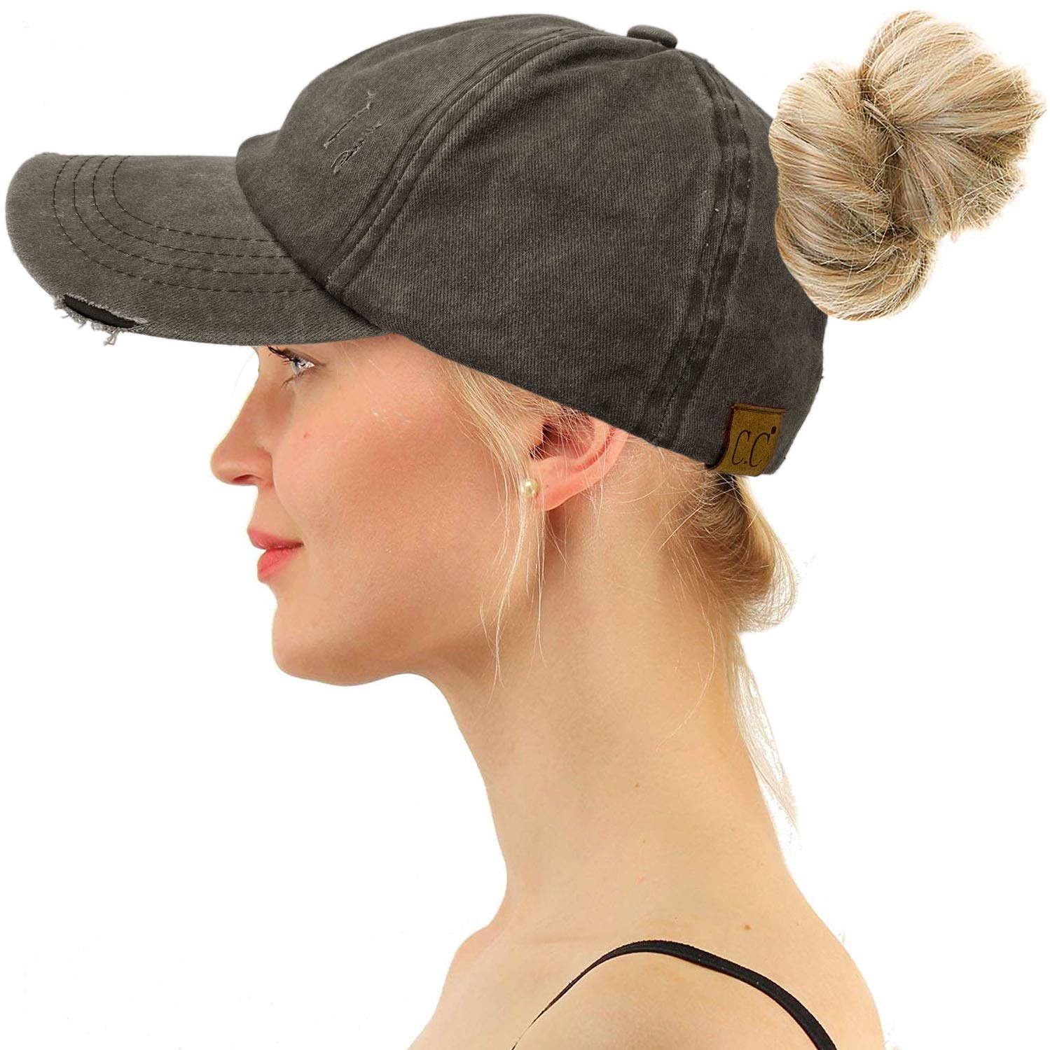 C.C Ponytail Ladder Messy Buns Ponycaps Baseball Visor Cap Dad Hat (Distressed Black)