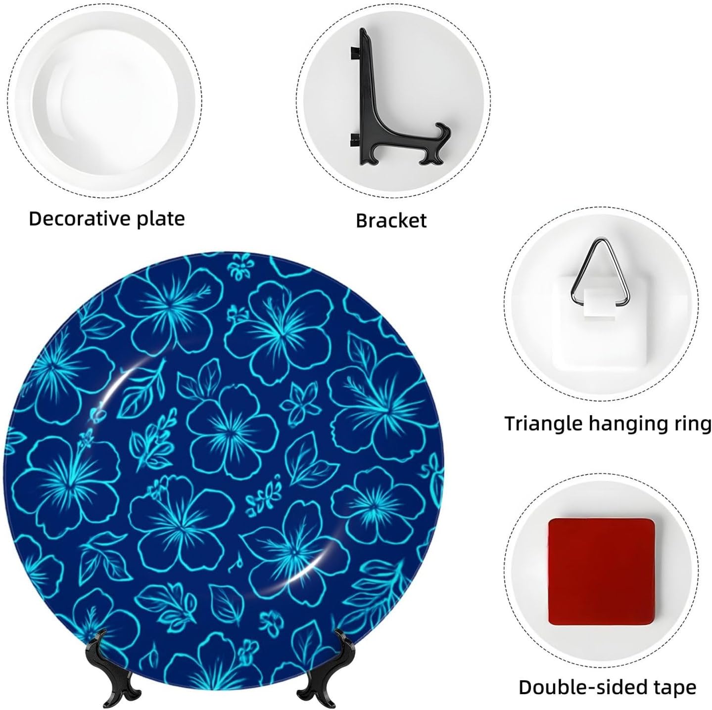 Neon Hibiscus Pattern 10 Inch Decorative Plate With Stand, Elegant Display Wall Plate For Home Decor