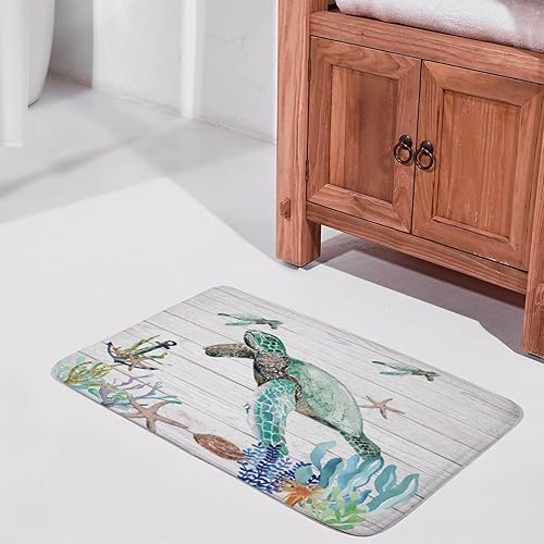 Miniatura 2 de Tapete de baño de tortugas marinas y estrellas de mar en playa de arena y océano sobre tema rústico, tapete de baño de tela, tapete de bienvenida,