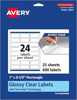 Avery® Glossy Clear Rectangle Labels, Sure Feed® Technology, 1" x 2.5", 600 Glossy Clear Labels, Laser/Inkjet Printable