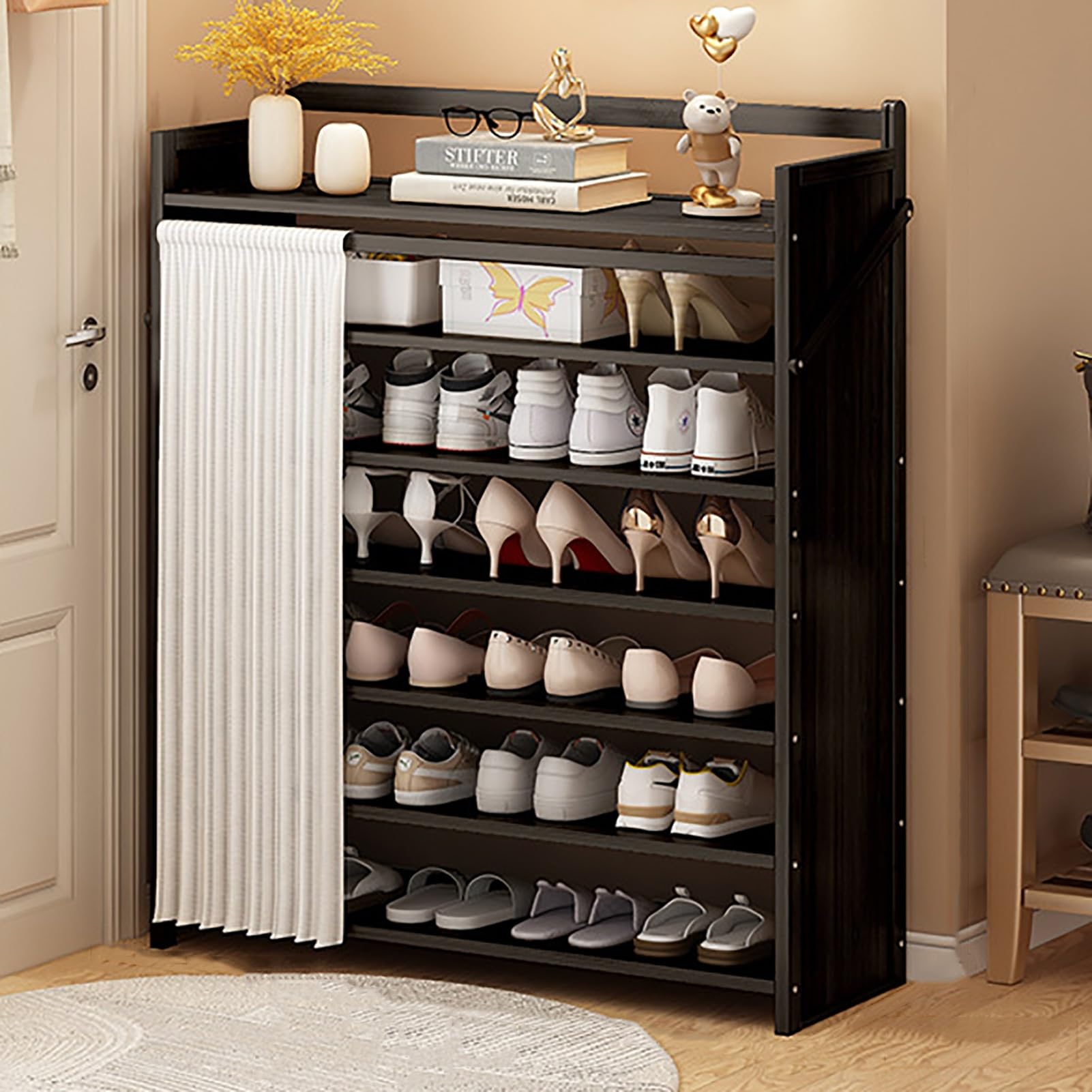 Foldable Shoe Rack No Assembly Required Bamboo Shoe Indoor/Outdoor Storage Shelf Independent Shoe Cabinet for Entryway Camping 2 Tier Black Color(Negro-7 Layers 35.4in)