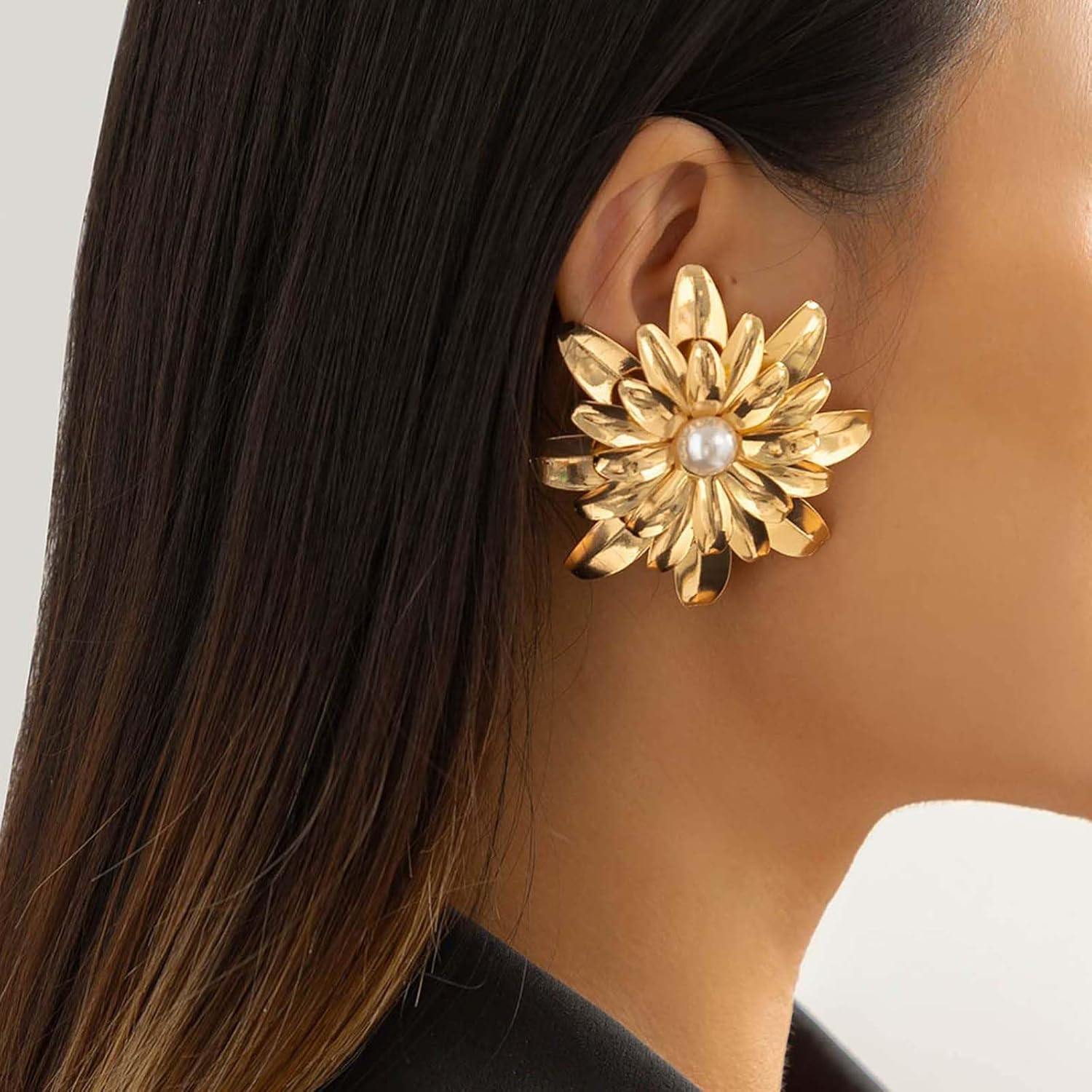 Punk Large Flower Earrings Gold Metal Flower Statement Earrings Large Pearl Flower Stud Earrings Vintage Flower Tiered Earrings Huge Floral Drop Earrings Jewelry for Women - Image 5