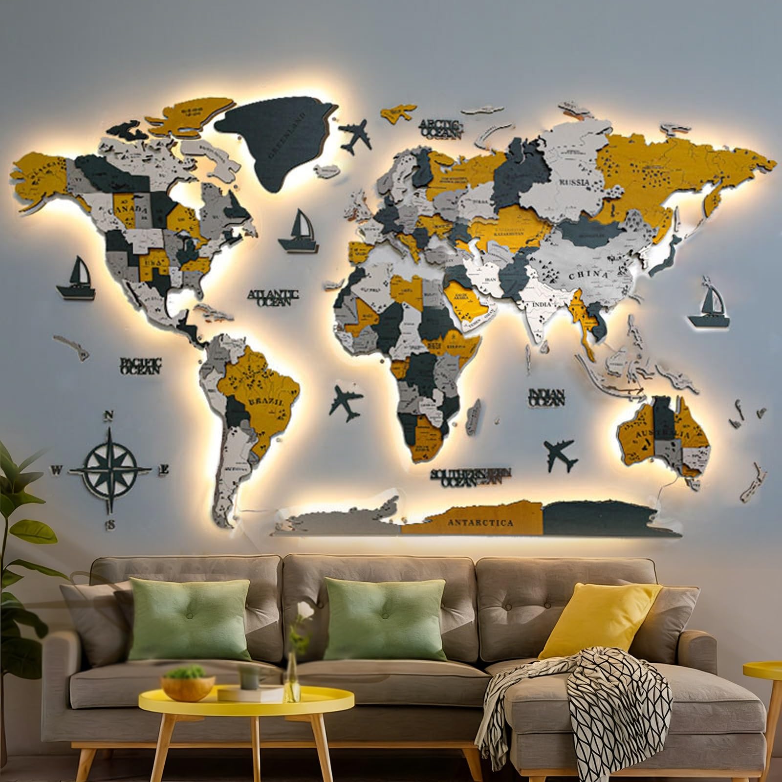 Mapa decorativo para pared en 3D, mapa del mundo de madera acrílica extragrande con 200 chinchetas de bandera, obra de arte moderna creativa para el hogar y la oficina