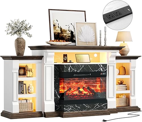 LGHM Soporte de TV con chimenea eléctrica LED con tomacorriente, mantel de chimenea de 72 pulgadas para televisores de hasta 80 pulgadas, moderno