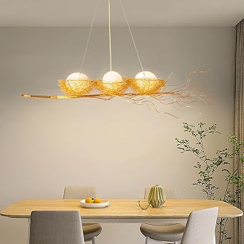 Birds Nest Chandelier, 3-Light Contemporary Aluminium Bird Nest Ceiling Pendant Light Fixture with White Glass Birds-Egg Shade & Adjustable Height for Bedroom Dining Room Gold