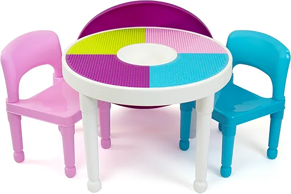 Humble Crew Forever Toddler 2-in-1 Plastic Building Blocks-Compatible Activity 2, Round, White/Pink/Purple/Turquoise Kids Table and Chairs Set
