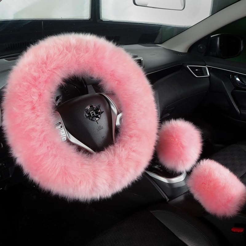 Kit de Capa de Volante, Câmbio e Freio de Mão em Lã de Carneiro Rosa FL FLMAPLES para Carro