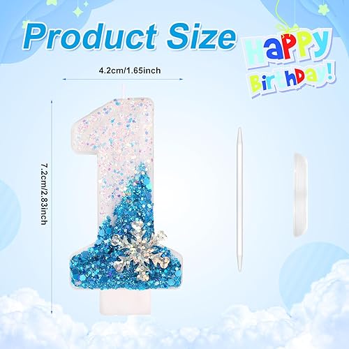 Miniatura 9 de Velas de cumpleaños de Frozen del 0 al 9, velas de números con purpurina de copo de nieve, decoración de pasteles blancos y azules para niños y