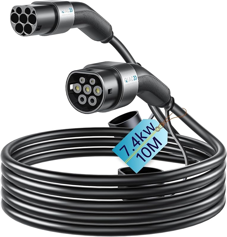 QIAO Câble de Charge de Type 2, câble de Chargeur de Voiture électrique de Type 2 à Type 2 IEC 62196 EV, câble de Charge Rapide Mode 3 EV et PHEV avec Sac de Transport (7,4 KW, 10 m)