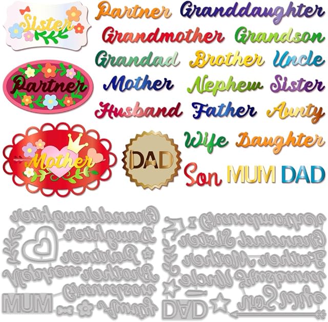 MAYJOYDIY 31pcs Family Member Dies Cutting Word Die Cuts for Card MakingMetal Craft Die Cuts Mother/Father/Wife/Son Carbon Steel Embossing Stencils for DIY Scrapbooking Album Embossing Paper Card