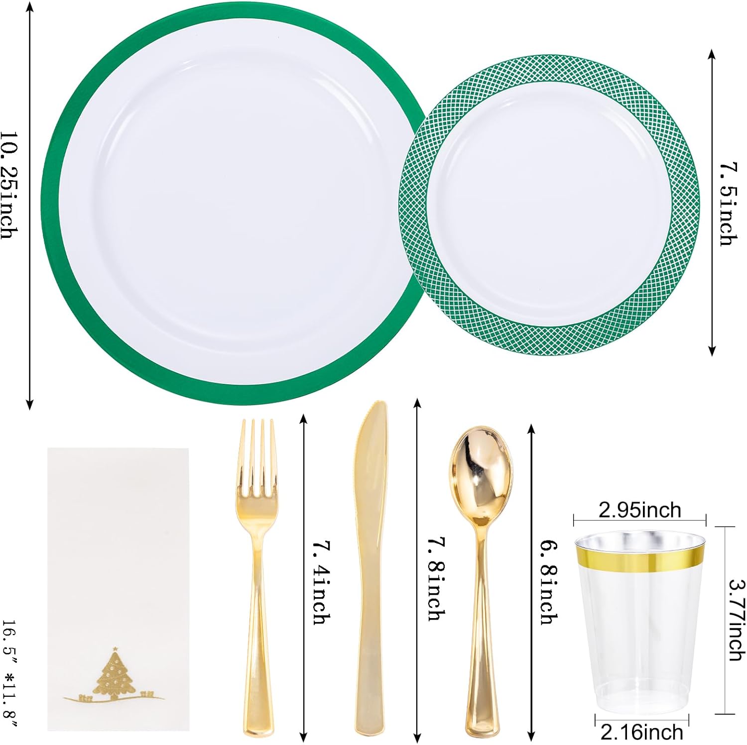 Ciaell 175PCS Christmas Plastic Plates - White and Green Plastic Plates Sets include 25Dinner Plate, 25Dessert Plate, 25Knives, 25Forks, 25Spoons, 25Cups, 25Napkins for Xmas Party