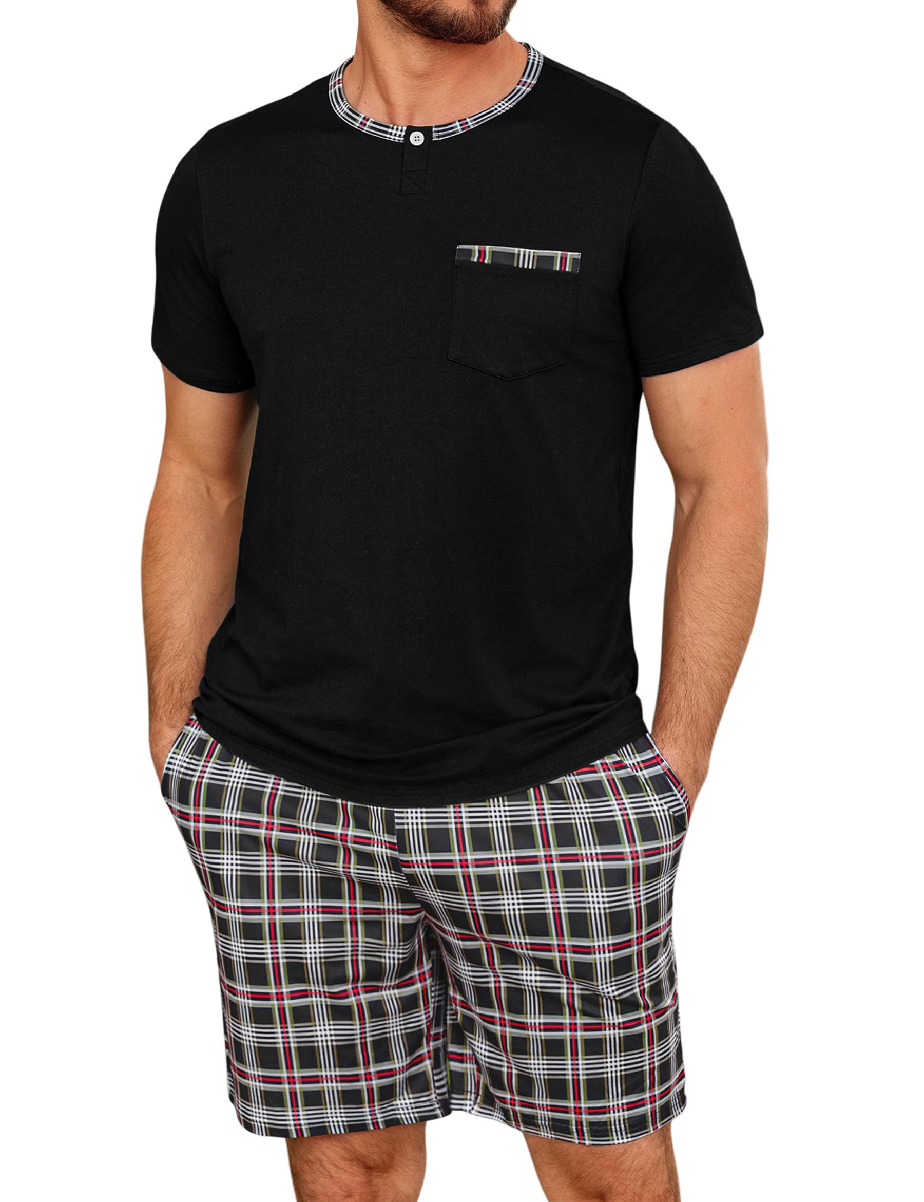 Jahetuul Schlafanzug Herren kurz Schlafhose Karomuster Pyjama Sommer Rundhals Schlafanzüge für Herren Pyjamashort Nachtwäsche Männer