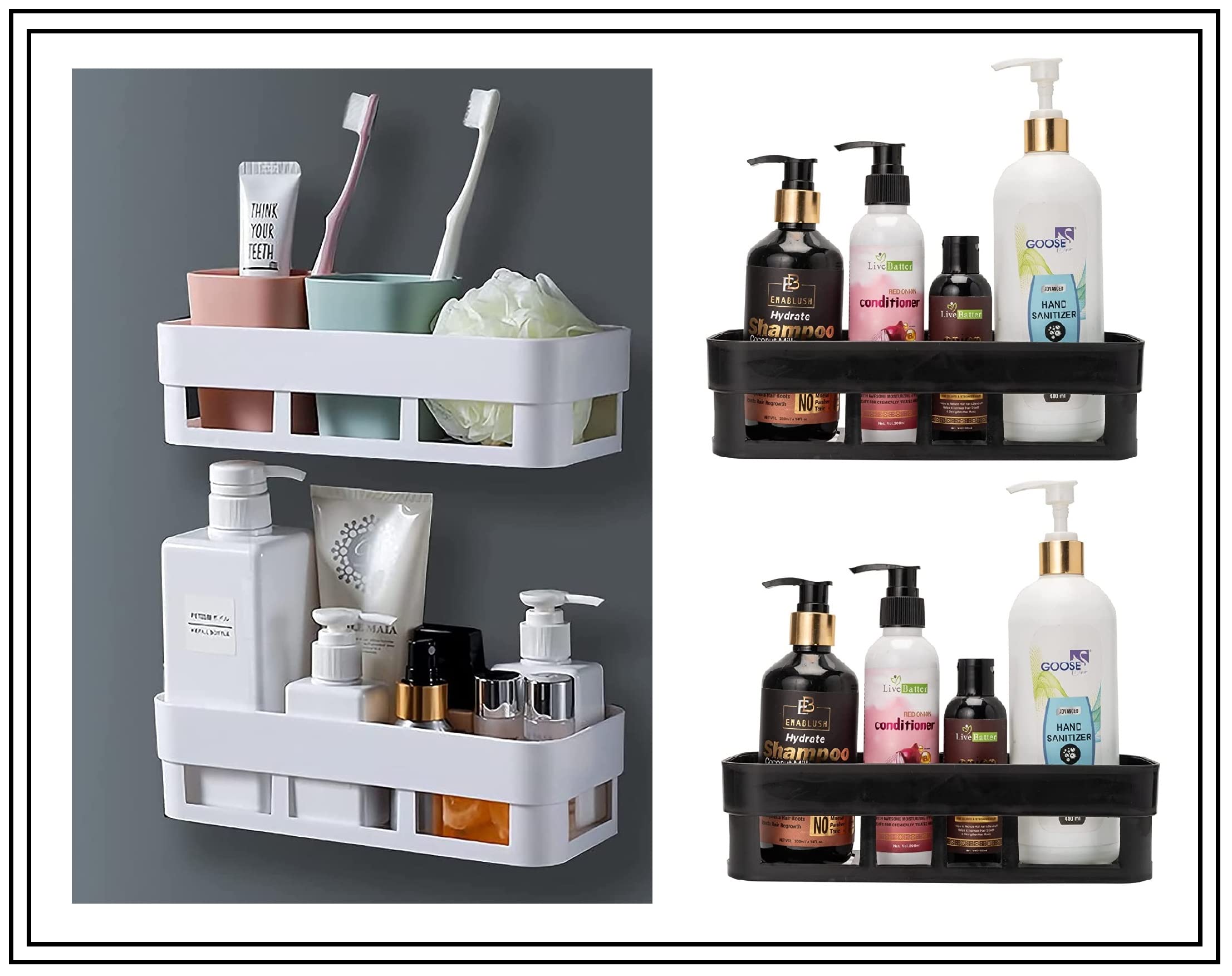 MorivaHomes Multipurpose Wall Mount Bathroom Shelf and Rack for Home and Kitchen. Adhesive Sticker Support Without Drilling. (2 White Bathroom Shelf + 2 Black Bathroom Shelf), Acrylic (B096QTXL4Z) Amazon Price History, Amazon Price Tracker