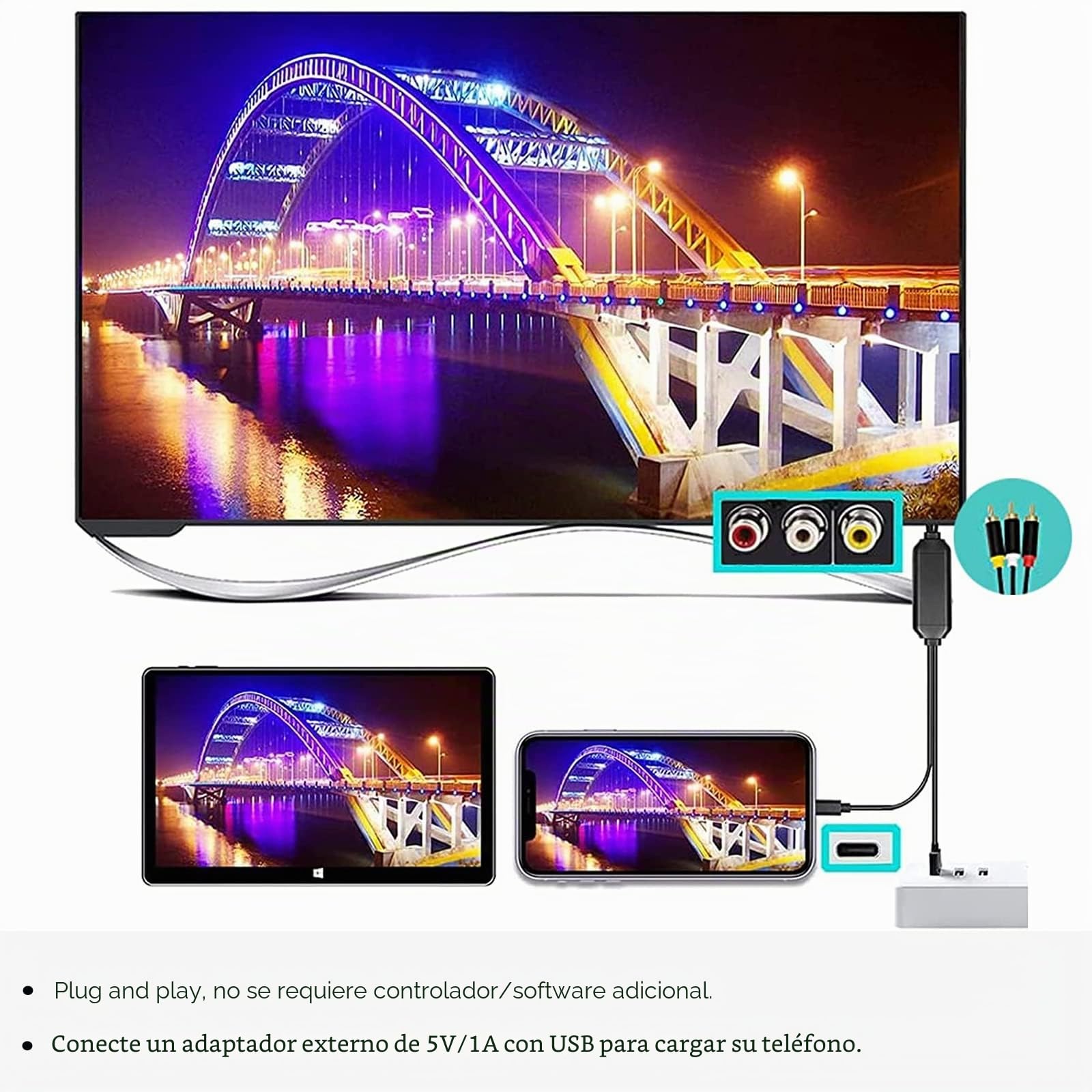 Adaptador de cable USB C a RCA, espejo de pantalla con cable RCA de 6 pies con USB A (carga), USB C macho a 3 RCA macho, adecuado para TV, monitor, altavoz