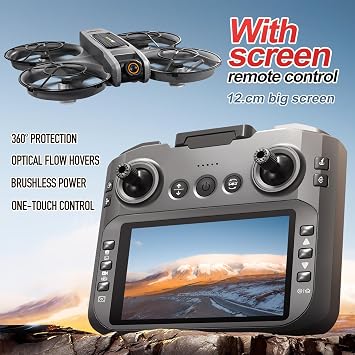 OBEST RC Drone With Screen On Controller (5.9in), Brushless Motor Drone with Dual Cameras (Electric Angle Adjustment), Optical Flow Positioning, 6CH Gyro, WIFI FPV, 100m Range, True 12-15min Flight (1800mAh), 3 Speeds, Headless Mode, LED Lights, USB Rechargeable