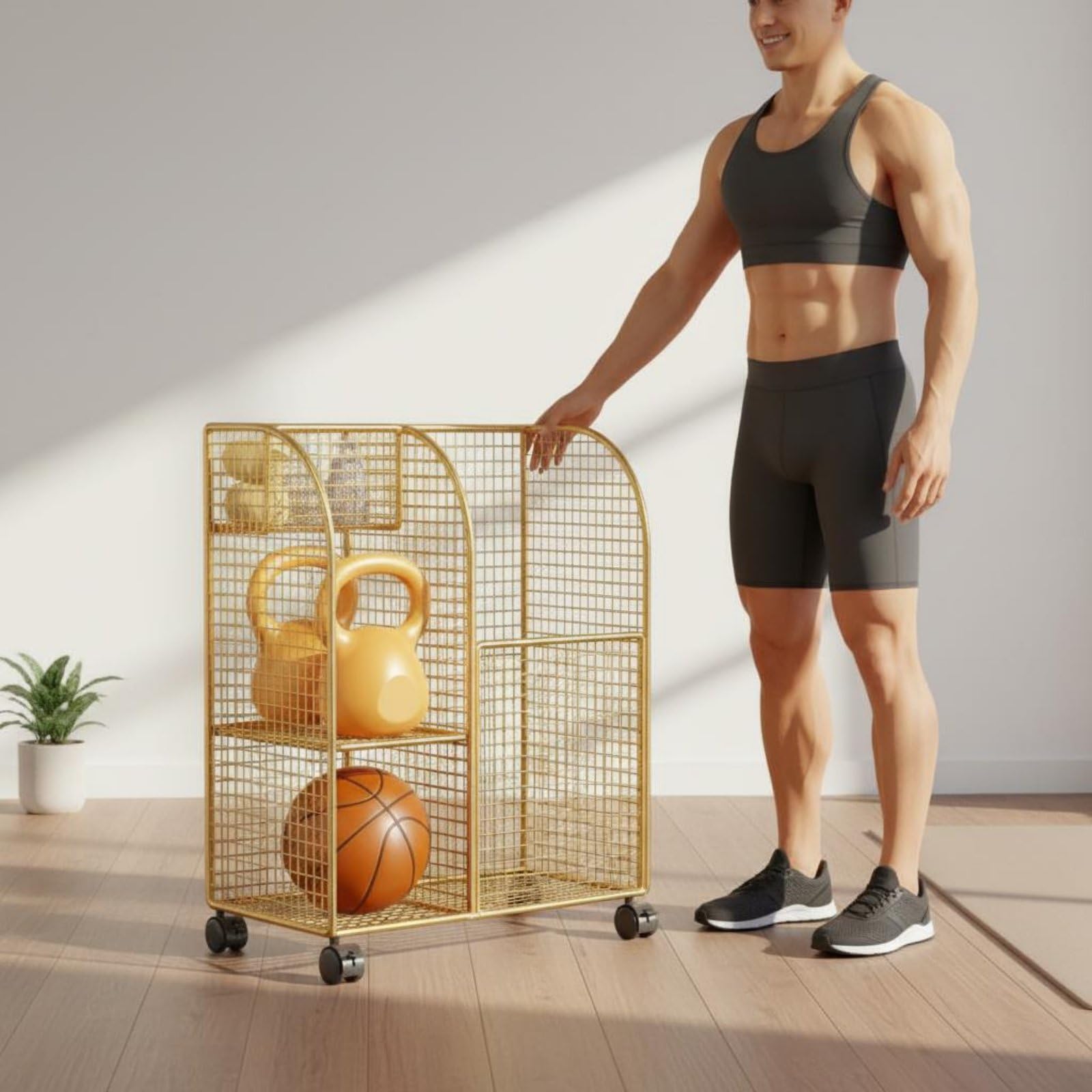 Baoblaze Mobile Basket Carrello Contenitore Palestra Portatappeti Portacorda Struttura in Ferro a Maglia con Ruote Scorrevoli E Scomparti Separati Adatto per Benessere, Oro