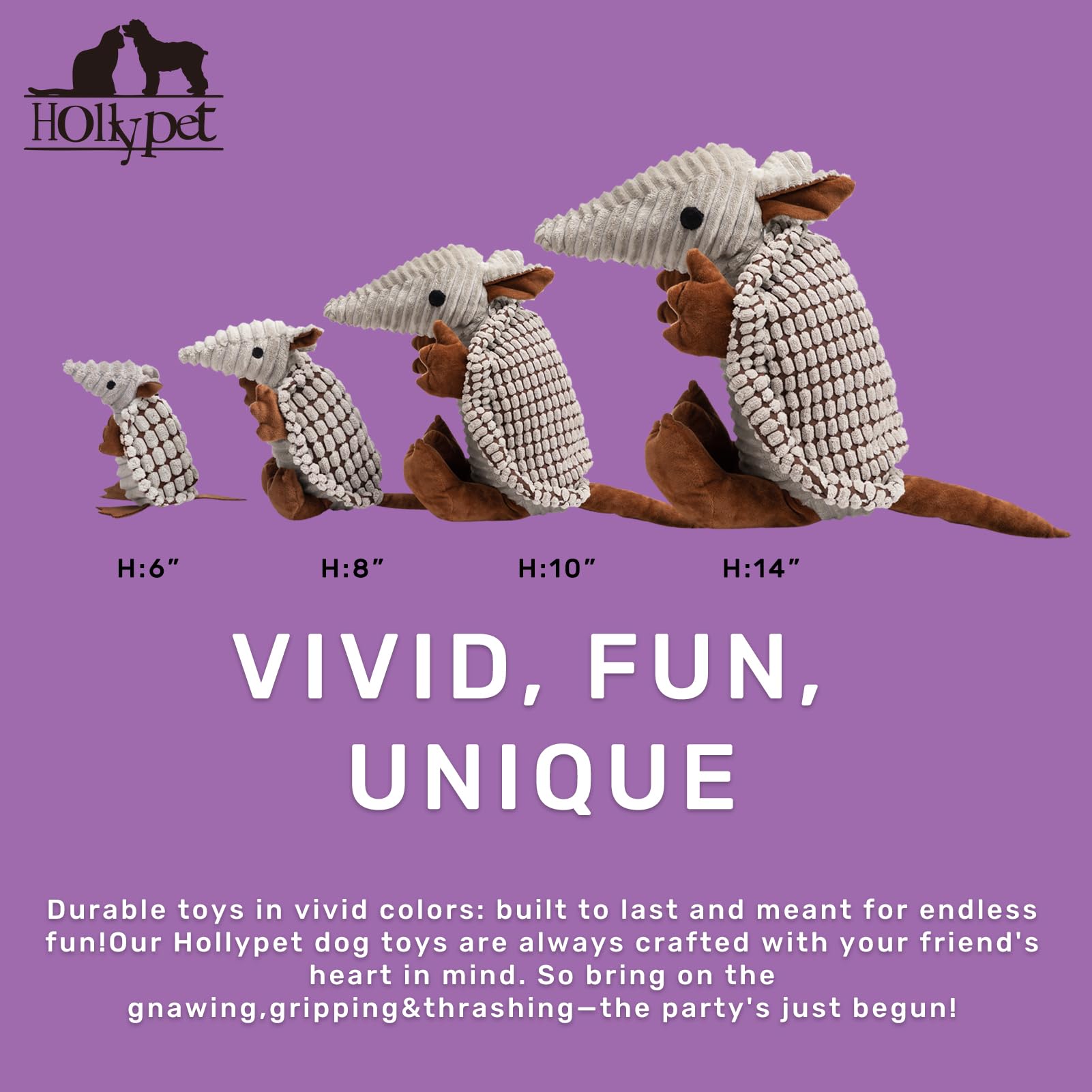 Hollypet Quietschendes Plüsch-Spielzeug für Hunde, Armadillo-Plüschtier, Kauspielzeug für Welpen und Hunde aller Größen (klein, mittel, groß) Grau, 25 cm