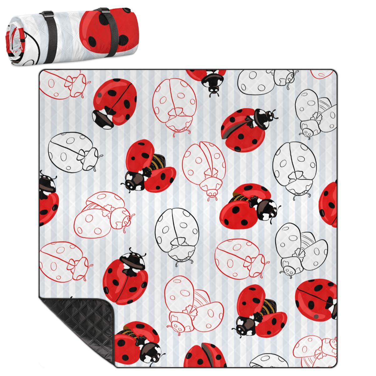Shimoshe Extra Large Picnic Blankets 79”x 79”, Colorful Ladybugs Waterproof Foldable Picnic Mat with Straps Portable Beach Blanket for Camping Park Grass Beach Indoor