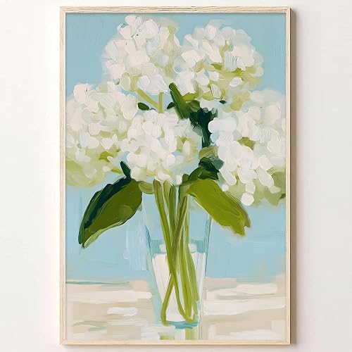 Blue White Hydrangea Wall Art Elegant Blooming Flower Picture Farmhouse Floral C