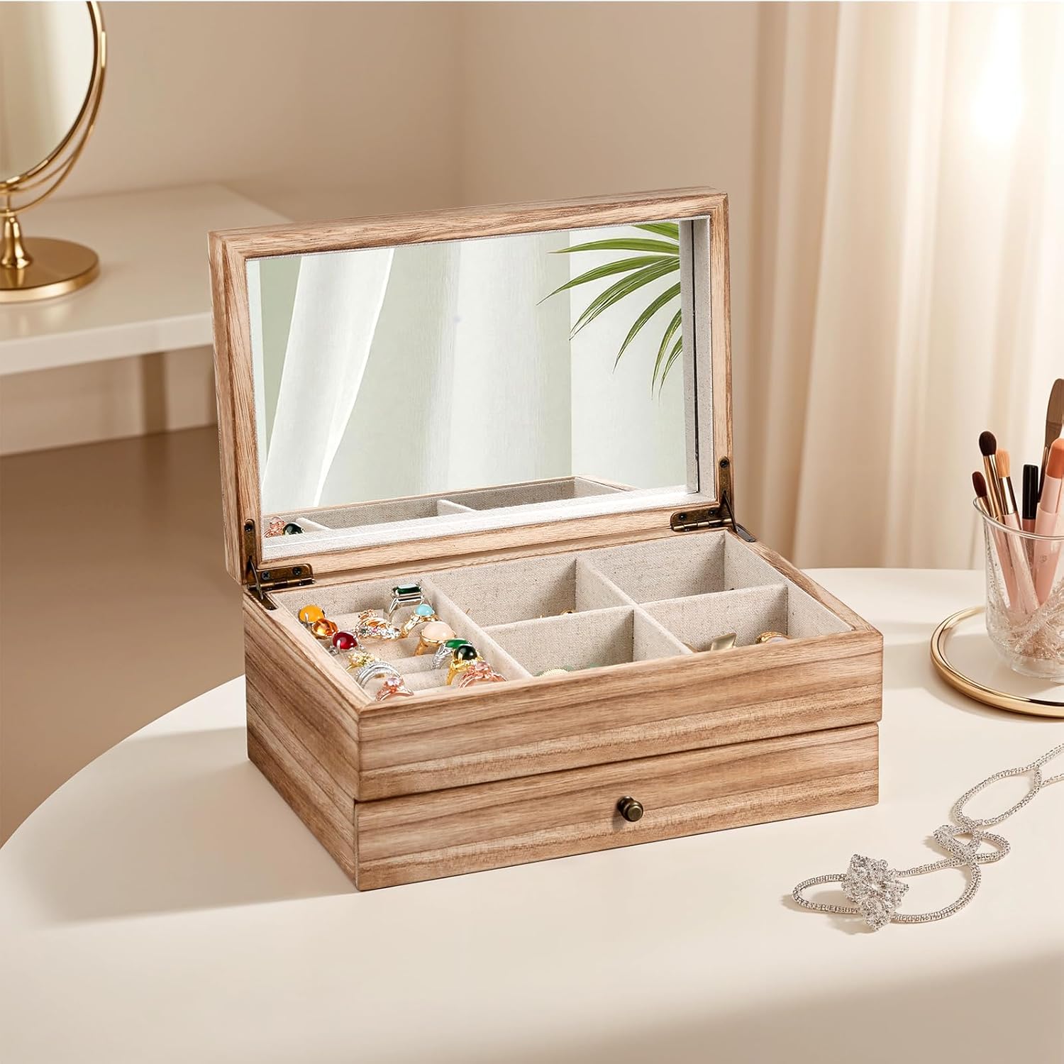 Meangood Jewelry Box Organizer for Women, 2 Layer Large Jewelry Storage Case, Rustic Wooden Jewelry Box with Mirror & Ring Tray for Necklace Earring Bracelets Rings, Vintage Style (Torched Wood) - Image 8