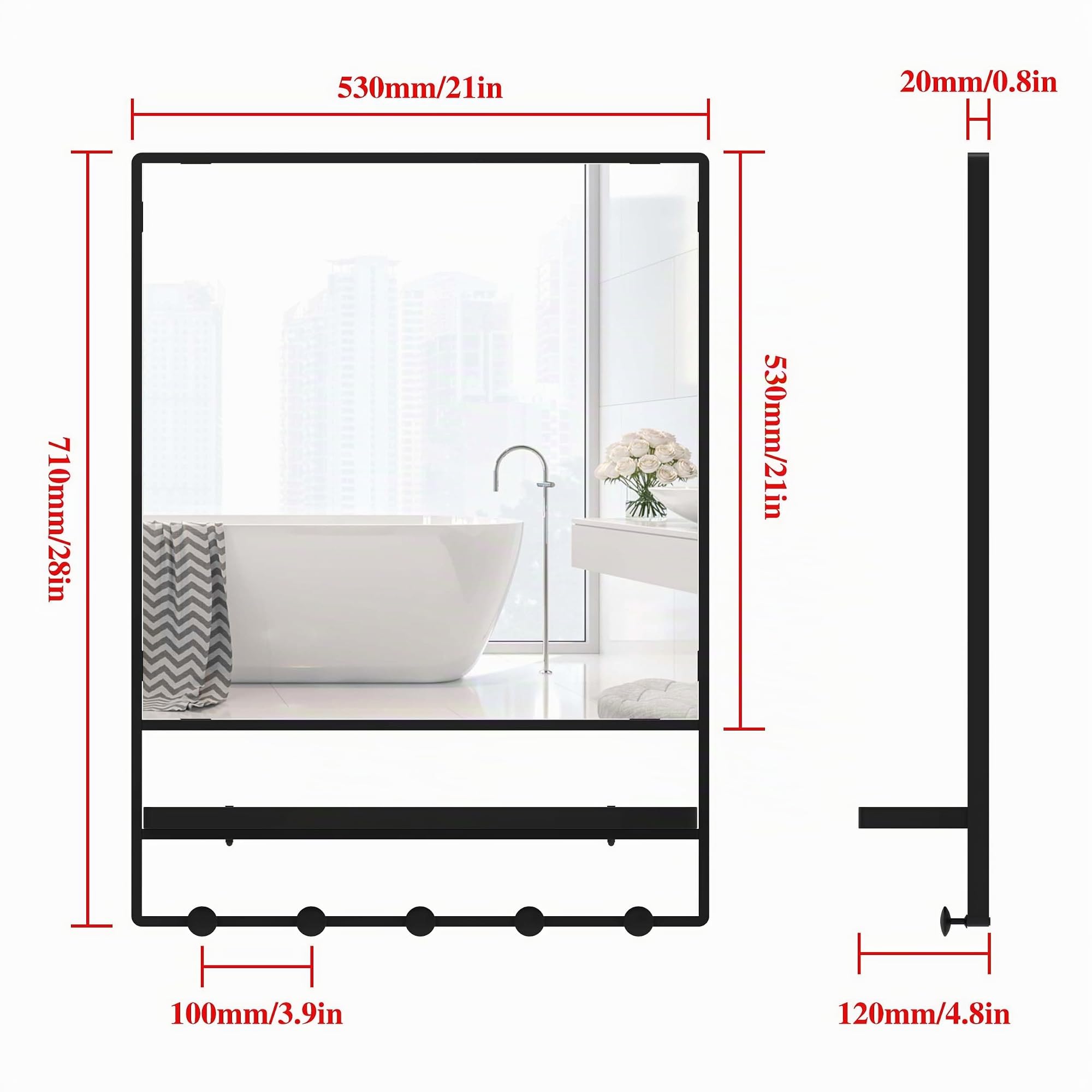 Espejo de Pared con Estante y Ganchos, Espejo de tocador con Gancho, 21 x 28 Pulgadas con Marco de Metal, Espejo Decorativo para baño, Entrada, Dormitorio, Sala de Estar (Negro, 21 x 28)