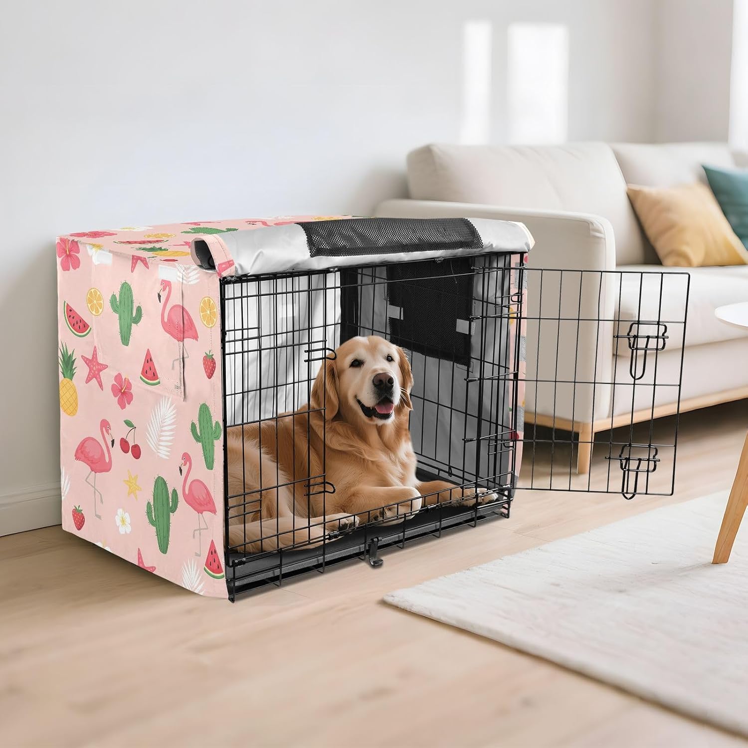 Tropical Flamingos Dog Crate Cover 600D Oxford Pet Kennel Cover with Mesh Window for Dog Cages, Windproof Waterproof Machine Washable, 48"x30"x33"