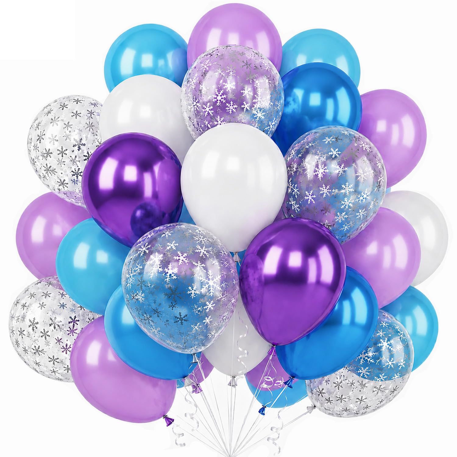 60Pcs Blue Purple Snowflake Balloons Set 12Inch Blue Purple White Metallic Snowflake Confetti Balloons Winter Ice Theme Birthday Holiday Party Supplies