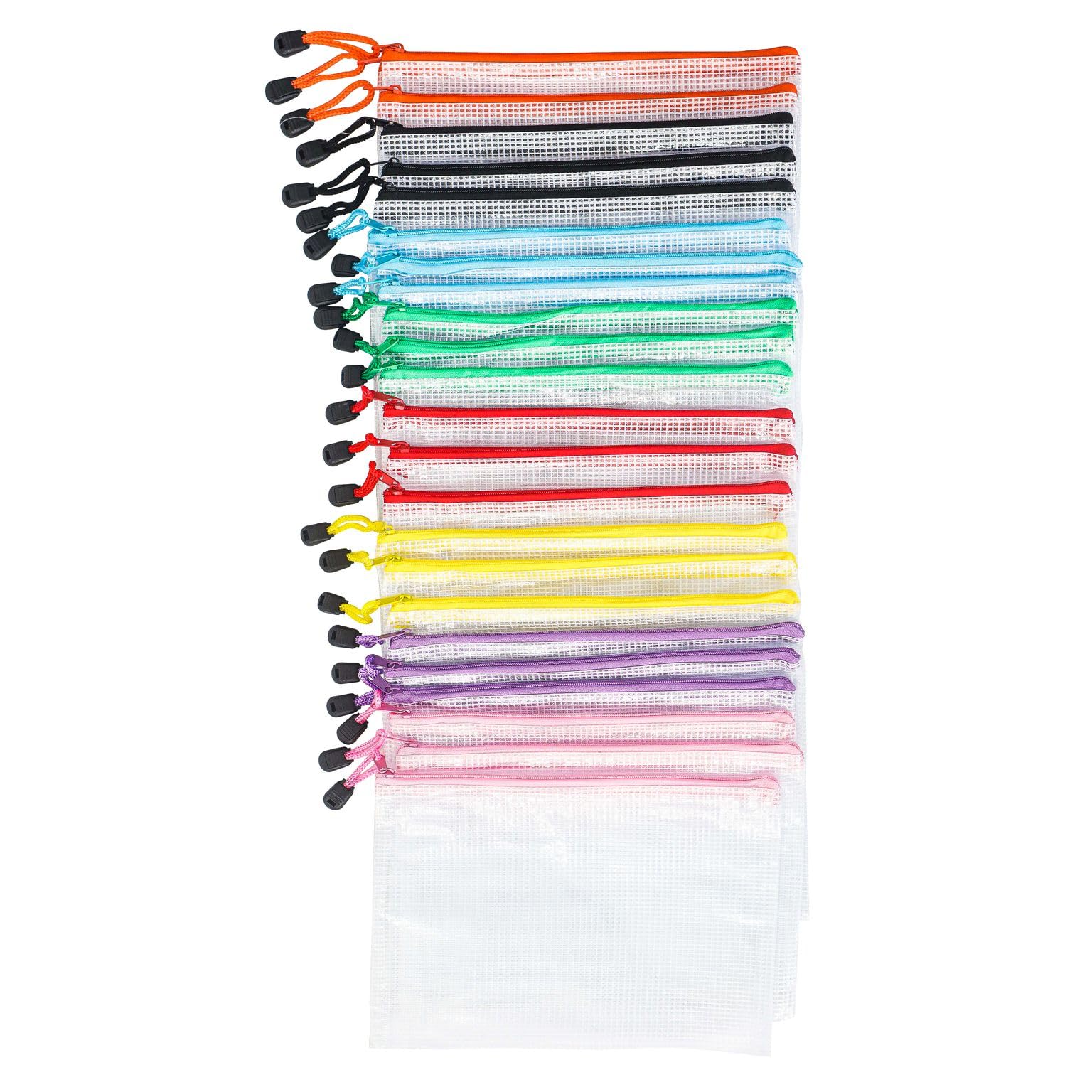 K-ONE A5 Zip File Bag Mesh Document Wallets File Folders Zipper Plastic Pockets for School Office Homework Storage Bags Travel Assorted Colours (Pack of 24)
