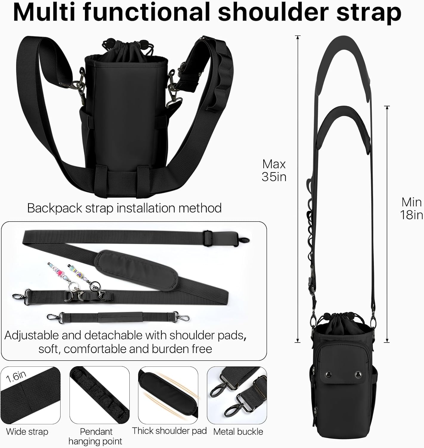 Water Bottle Holder with Strap 32 40oz Crossbody Insulated Water Bottle Carrier Sling Bag with Adjustable Wide Strap and Phone Purse 5 Pockets for Walking Hiking Gym Travel - Image 5