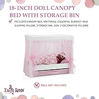 Vista 5 de Emily Rose Cama con dosel de princesa de 18 pulgadas, madera blanca con cortinas de tul rosa, juego de ropa de cama de 5 piezas y cajón
