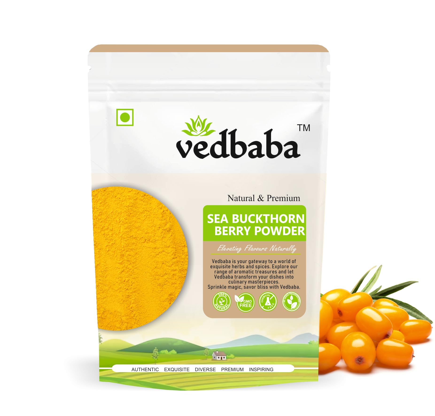 Ved Baba Certified Organic Sea Buckthorn Berry Powder | Rich Source Of Vitamins And Phytonutrients | 100% Pure & Effective Sea Buckthorn Powder For Skin (100 Gm)