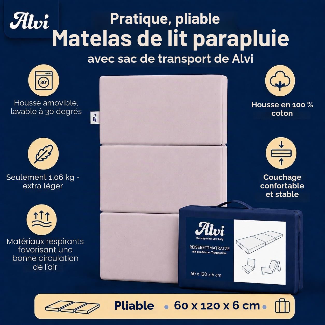 Alvi Matelas Lit Parapluie 60x120 cm, Épaisseur 6 cm, Housse Coton Lavable, Respirant et Pliable en 3, Inclus Sac de Transport, Testé Oeko-Tex