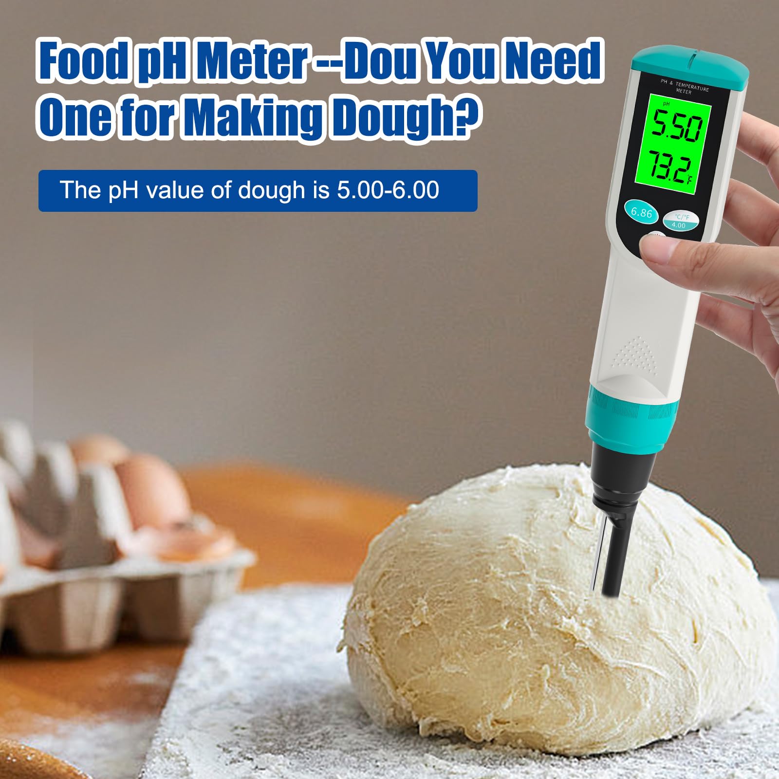 Medidor de pH de alimentos, probador digital de pH impermeable con sonda de pH y temperatura de alta precisión, ideal para masa madre, queso, muestras sólidas y alimentos líquidos, resolución