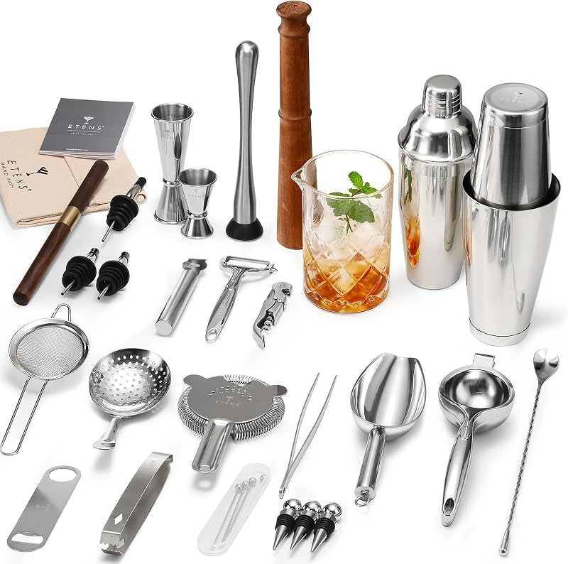 Etens Kit de barman profesional de 33 piezas, juego de coctelera de herramientas de bar para barman, utensilios de coctelería de acero inoxidable