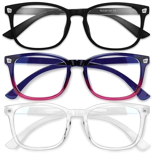 Gaoye Stylish Blue Light Glasses for Woman - Computer Glasses 99% Blue Light Blocking - Lightweight TR90 Frames - 3 pack - A8-matte Black+transparent+gradient Purple - Clear