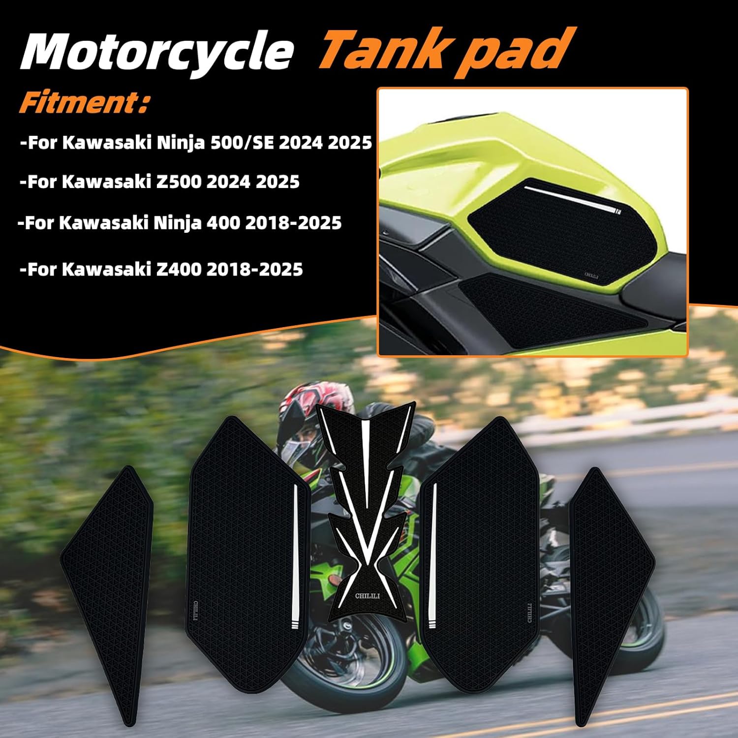 Tank pad For Kawasaki Ninja 500 Z500 Ninja500 SE 2024 2025 Ninja400 Z400 2018-2025 accessories, Tank grips with anti-slip texture Increase friction traction pad Fuel tank protector