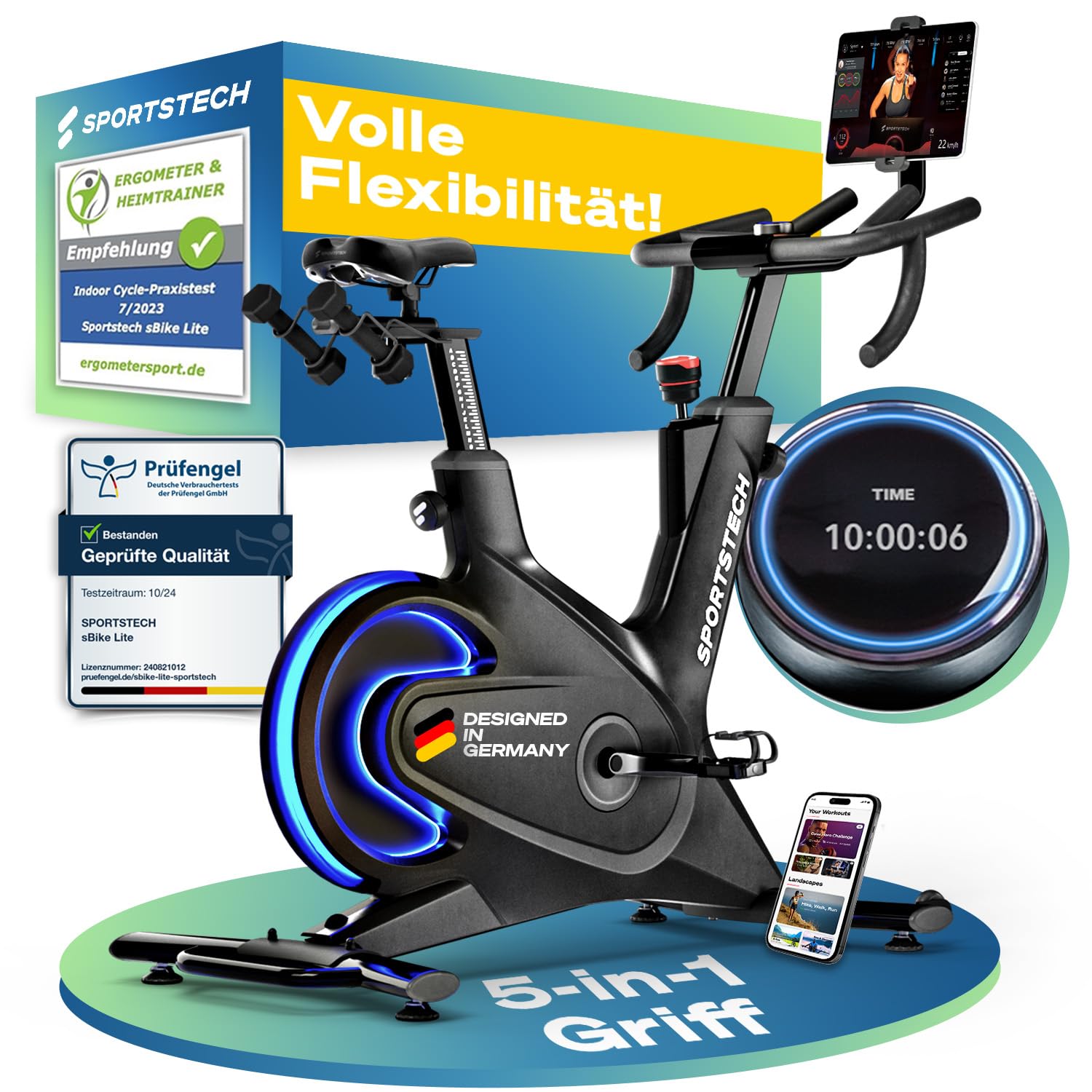 Sportstech sBike Lite Premium Heimtrainer Fahrrad Ergometer Speedbike, mit 16,5 kg