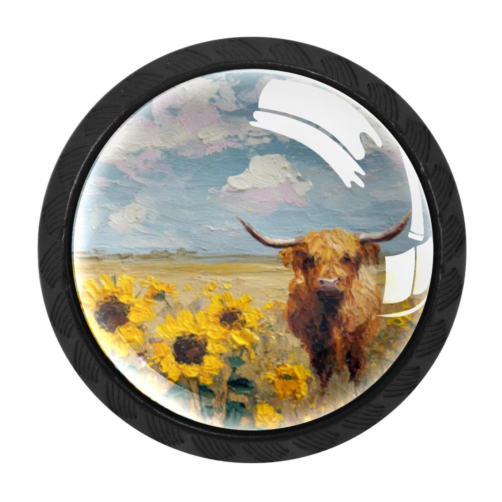 CHENZZZZ 4 Pieces Sunflowers and Highland Cow Kitchen Cabinet Knobs Drawer Knobs Dresser Knobs Black Knobs Drawer Pulls Dresser Drawer Handles Knobs for Dresser Drawers