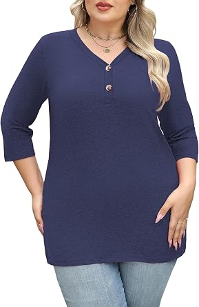 Womens Summer Plus Size 3/4 Length Sleeve Tops Button Down Shirts L-4XL